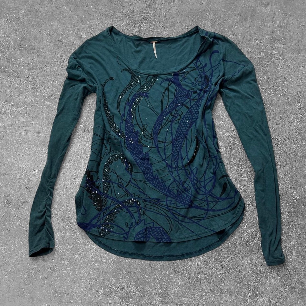 Free People Teal Blue Abstract Swirl Rhinestone Long Sleeve Top Y2K Fairycore S